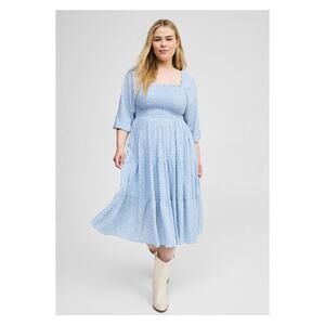 Torrid Blue Dot Smocked Bodice Crinkle Gauze Midi Dress Sz.2